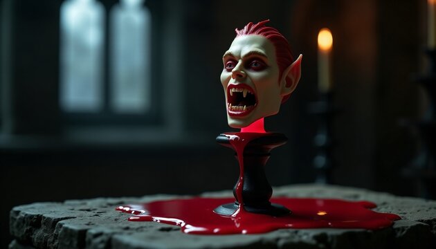 Macrophotography of a scary vampire head figurine dripping blood on st