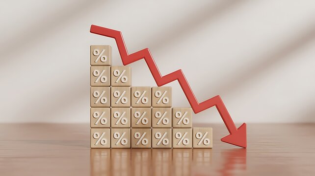 Financial decline concept with percentage blocks and red downward arrow
