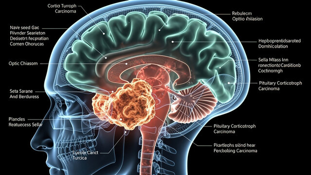 Pituitary corticotroph carcinoma 3D anatomical render, human skull sagittal view of sellar region brain cancer