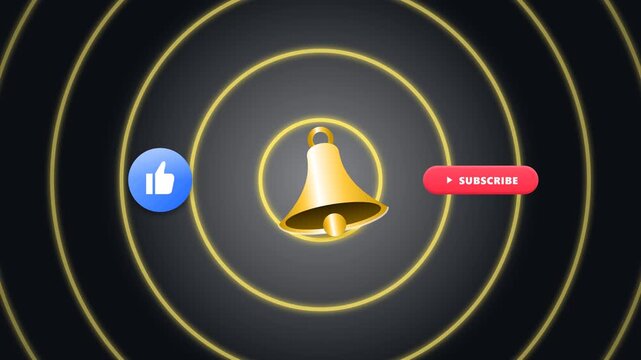 High-end notification bell motion graphic featuring cinematic neon ring waves, subscribe button reveal, like icon pop animation