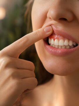 Closeup of woman showing bleeding inflamed gum, periodontal disease concept
