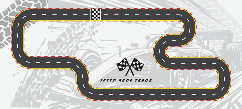 Race track in black color with tyre marks and city map on a white background.