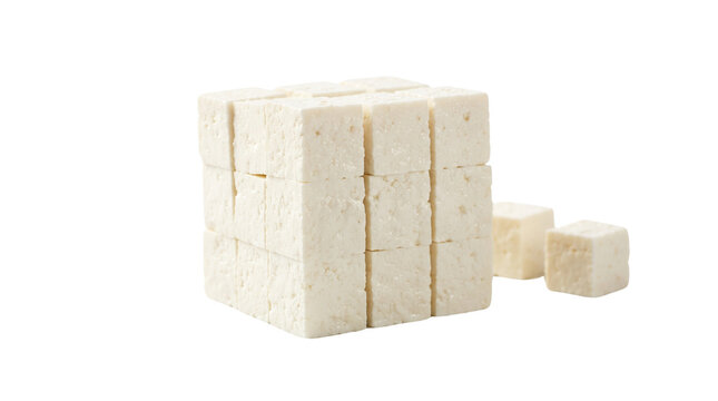 Fresh tofu cubes stacked in a geometric block, organic soy bean curd pieces, healthy vegan protein for cooking and meal prep isolated PNG with Transparent Background