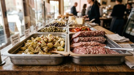 Obraz premium Gourmet food trays with artichokes and salami displayed on a wooden counter in a busy deli