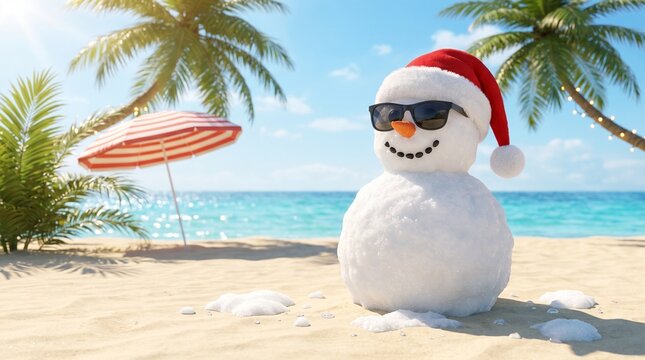 Winter snowman with carrot nose, with red santa hat and sunglasses, standing on sandy tropical ocean beach, under palm trees during sunny day, holiday travel 3d illustration