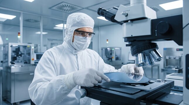 Male technician in white cleanroom suit, with silicon semiconductor wafer, examining microchip under microscope, in sterile manufacturing facility, technology science photography