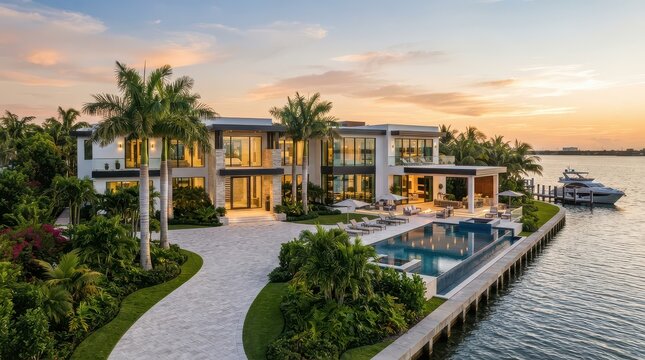 Modern waterfront villa with glass facade pool deck and yacht dock