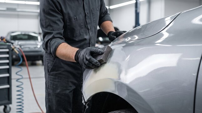 Auto body technician holding sanding block, prepped metallic surface on grey fender, hand sanding vehicle body panel, in repair workshop, automotive stock photography