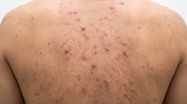Human male back with acne vulgaris, red pimples and spots on skin, presenting skin condition, against white background, dermatology stock photography