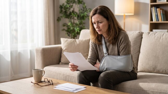 Adult woman wearing arm sling, medical paper document in hand, sitting and reading document, in living room, healthcare stock photography
