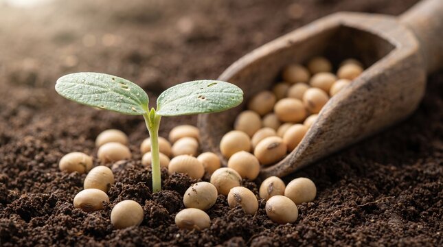 Soybean seedling growing from soil, green leaves near dry seeds and wooden scoop, emerging from dark dirt ground, on farm field, agriculture stock photography