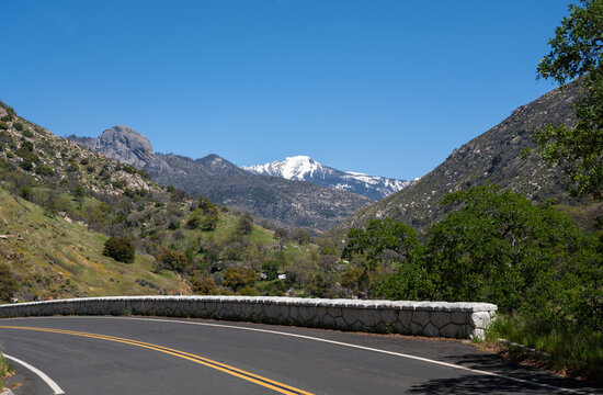 Scenic mountains view from the road, national parks area. Spring, travel banner