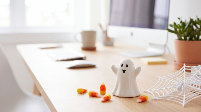 Close-up of a tidy office desk with a tiny ghost figurine, candy corns and a decorative spider web, capturing playful Halloween office decor for marketing visuals.