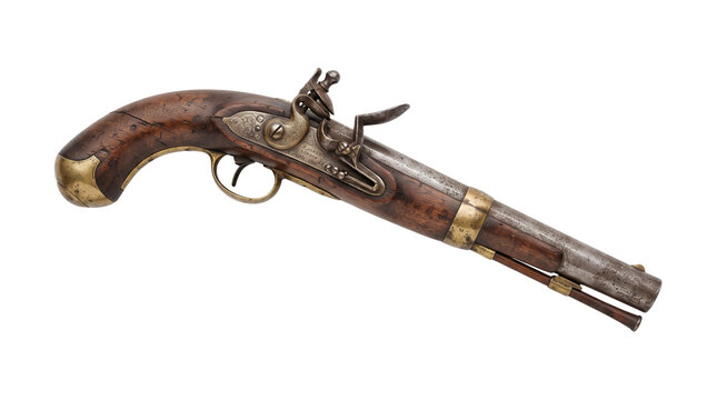 Antique flintlock pistol with wooden stock and brass fittings, vintage dueling handgun, historical 18th century firearm on white background