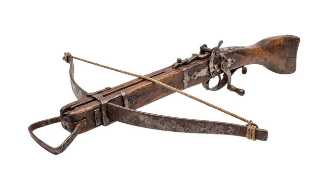 Antique medieval crossbow with wooden stock and iron bow. Vintage hunting weapon on white background. Historical archery equipment.