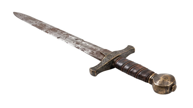 Vintage medieval sword with rusted steel blade, antique knight dagger on white background, weathered metal weapon for historical reenactment
