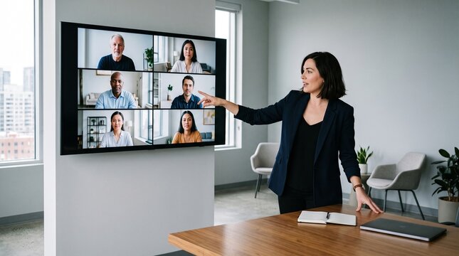 Businesswoman leads virtual meeting with diverse team on screen in modern office setting