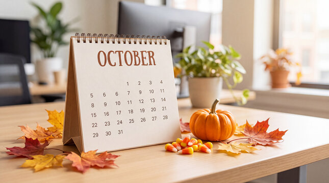 Close-up of an October desk calendar with a tiny pumpkin, candy corn and autumn leaves, marking Halloween season for office planning materials.