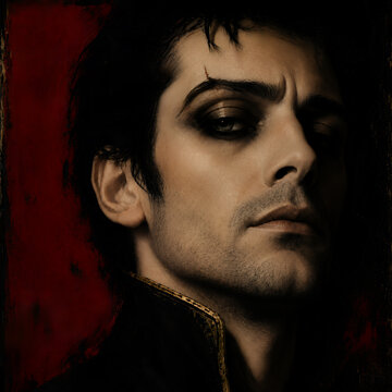 Dark male cabaret performer with smudged eye makeup and eyebrow scar