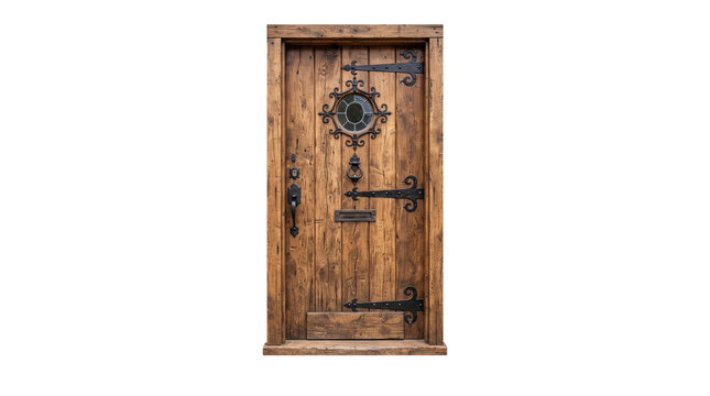Rustic medieval wooden door with iron hinges, antique timber entrance with porthole window, vintage oak door isolated on white