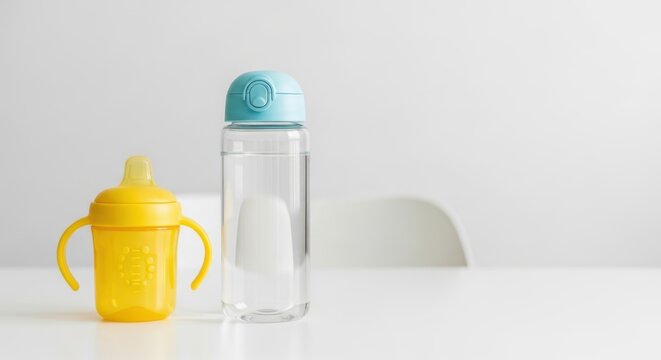 Yellow sippy cup and water bottle on white table