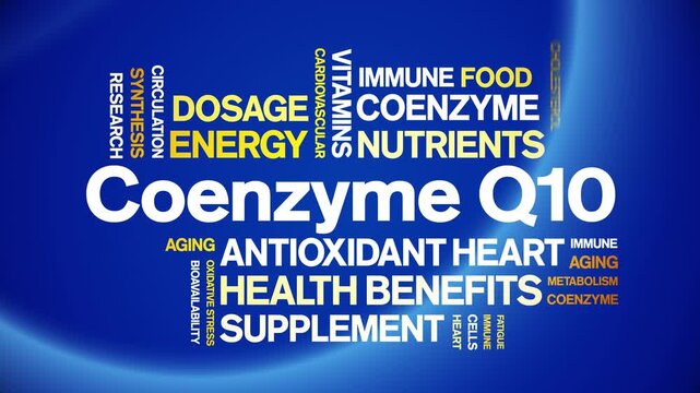 Coenzyme Q10 animated word cloud-CoQ10 text design animation tag kinetic typography seamless loop.