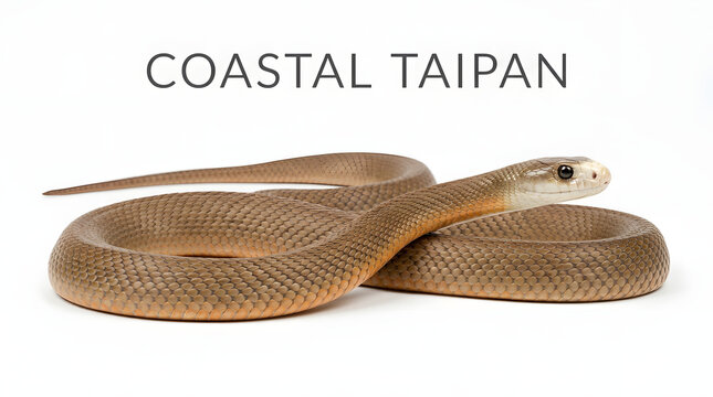 Coastal Taipan, a dangerous venomous snake, coiled and ready to strike in a studio setting with a plain background