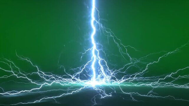 Bright lightning bolts striking ground on green screen with against green on transparent background