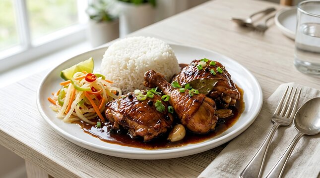 Classic Chicken Adobo Dish with Rice and Pickled Vegetables