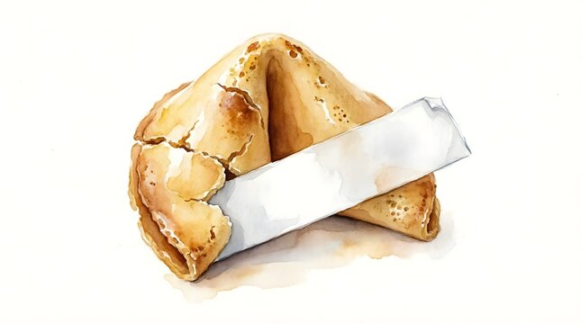 Golden fortune cookie cracked open with blank paper slip inside New Year luck and fortune illustration