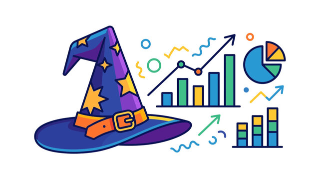 Wizard hat representing financial magic stands next to colorful business growth charts and graphs.