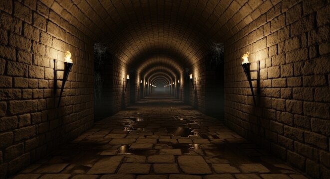 Mysterious Dungeon Passage Illuminated by Torches.