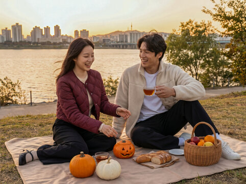Happy couple enjoying an autumn Halloween picnic by the river at sunset for lifestyle blog header