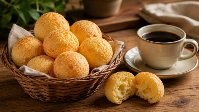 Traditional Brazilian Cheese Bread with Coffee on a Rustic Wooden Table 