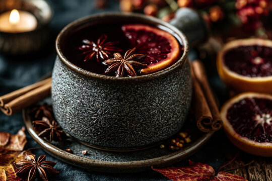 Hot spiced mulled wine in ceramic mug with star anise and orange slices