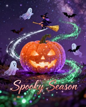 Abstract void holiday‑art scene, swirling luminous particles, warm glow of jack‑o‑lantern, levitating fantasy figures, drifting light trails and glows, rose‑gold cursive font, mysterious dreamlike hal