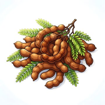 Brown Tamari Root Pods with Green Fern Leaves on White Background