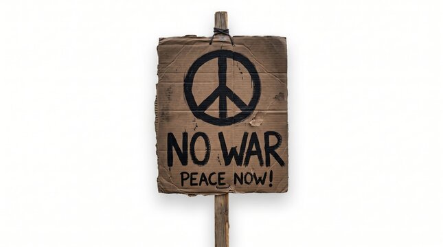 Vertical cardboard protest sign with handwritten text no war peace now and peace symbol no war anti war wooden stick demonstration activism statement conflict pacifism political movement