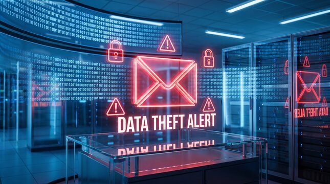 Digital representation of a data theft alert with glowing neon graphics, showcasing a secure server environment.