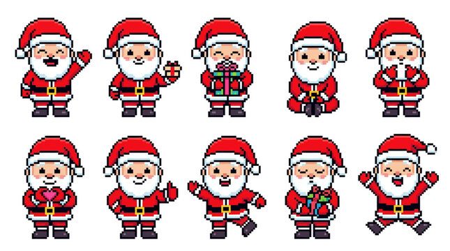 Collection of festive pixel art Santa Claus characters. pixel art,8 bit , vector illustration