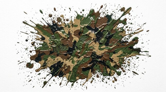 Military camouflage paint splatter explosion pattern design on white background with military camo army pattern paint drop splatter effect camouflage colors tactical design graphic splash