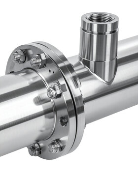 A shiny metal pipe with bolted flanges, showcasing industrial plumbing and engineering isolated on transparent or white backgrounds