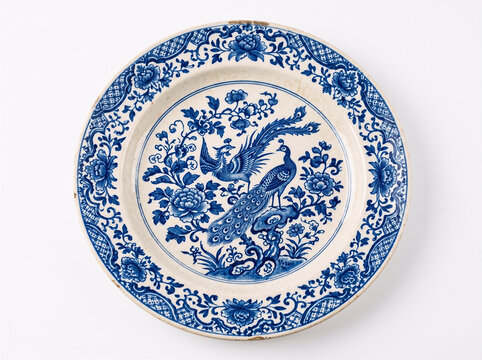 Vintage blue and white porcelain plate with intricate peacock and floral pattern design.