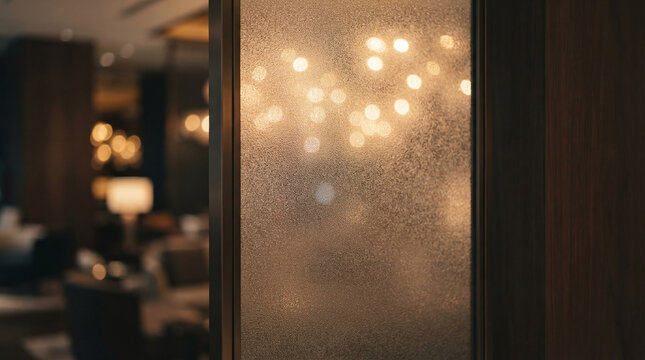 Frosted Glass Door Texture with Warm Bokeh Lights in Luxury Modern Restaurant Interior Background
