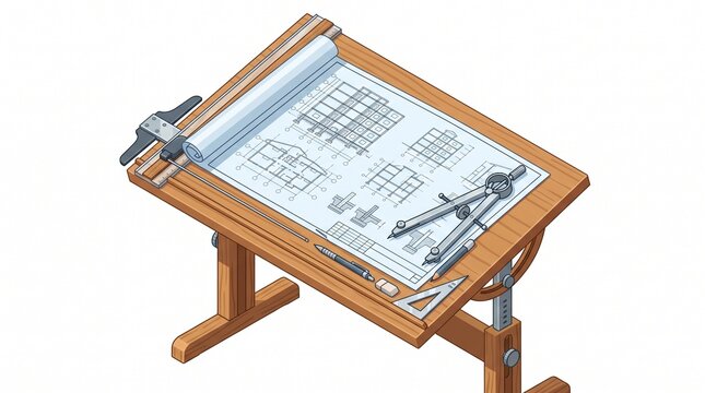 Isometric illustration of an architectural drafting table with blueprints and a compass