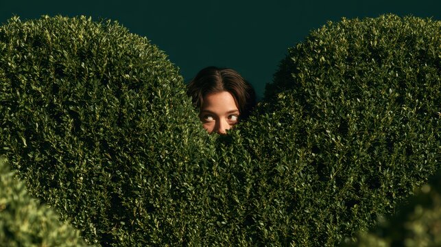 Woman hiding behind large heart shaped green bush looking sideways with curious and playful expression outdoors