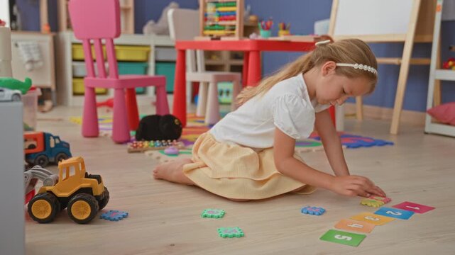 Little girl places foam number tiles with bare hands on wooden floor in bright playroom kneeling near toy truck and pink chair; concentration learning.