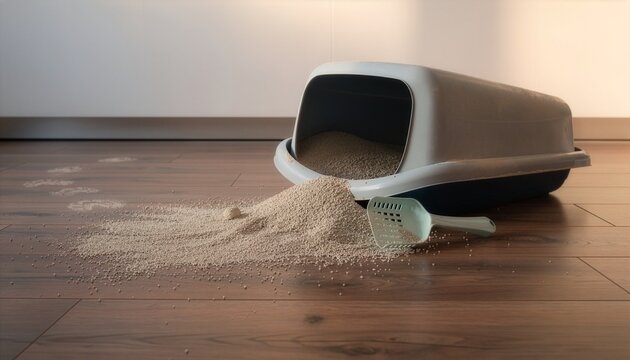 Overturned cat litter box with a large amount of cat litter spilled across a wooden floor.