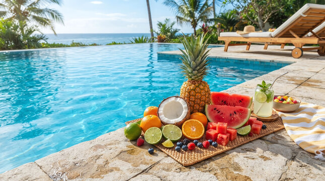 Tropical Fresh Fruits and Summer Drink Arrangement Beside Infinity Swimming Pool Overlooking Ocean View