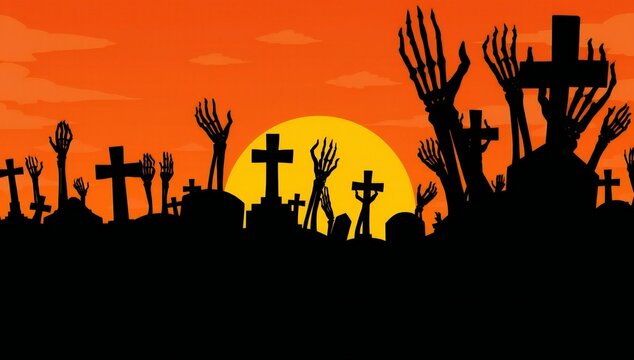 Spooky graveyard scene with rising zombie hands and crosses against a bright orange sunset background for halloween design